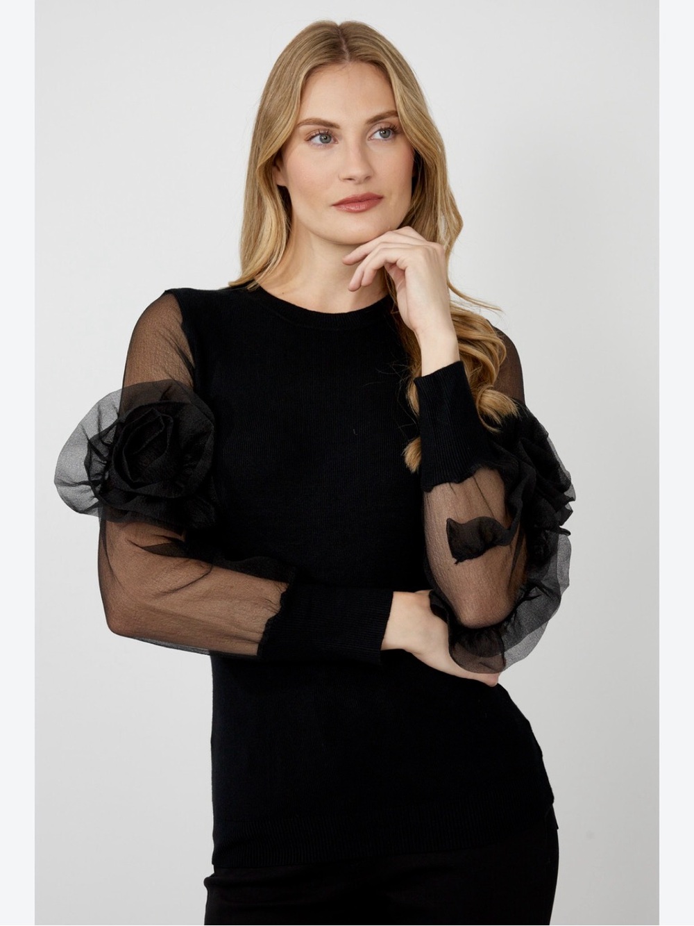 Frank Lyman Design Black Sheer Puff Sleeve Sweater